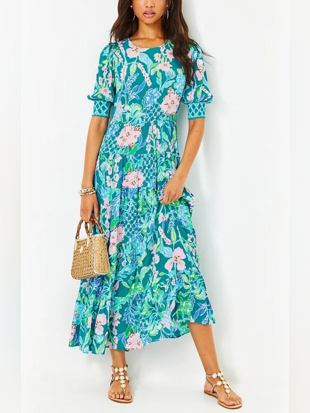 Lilly Pulitzer Ameilia Elbow Sleeve Hot On The Vine Engineered Midi Dress